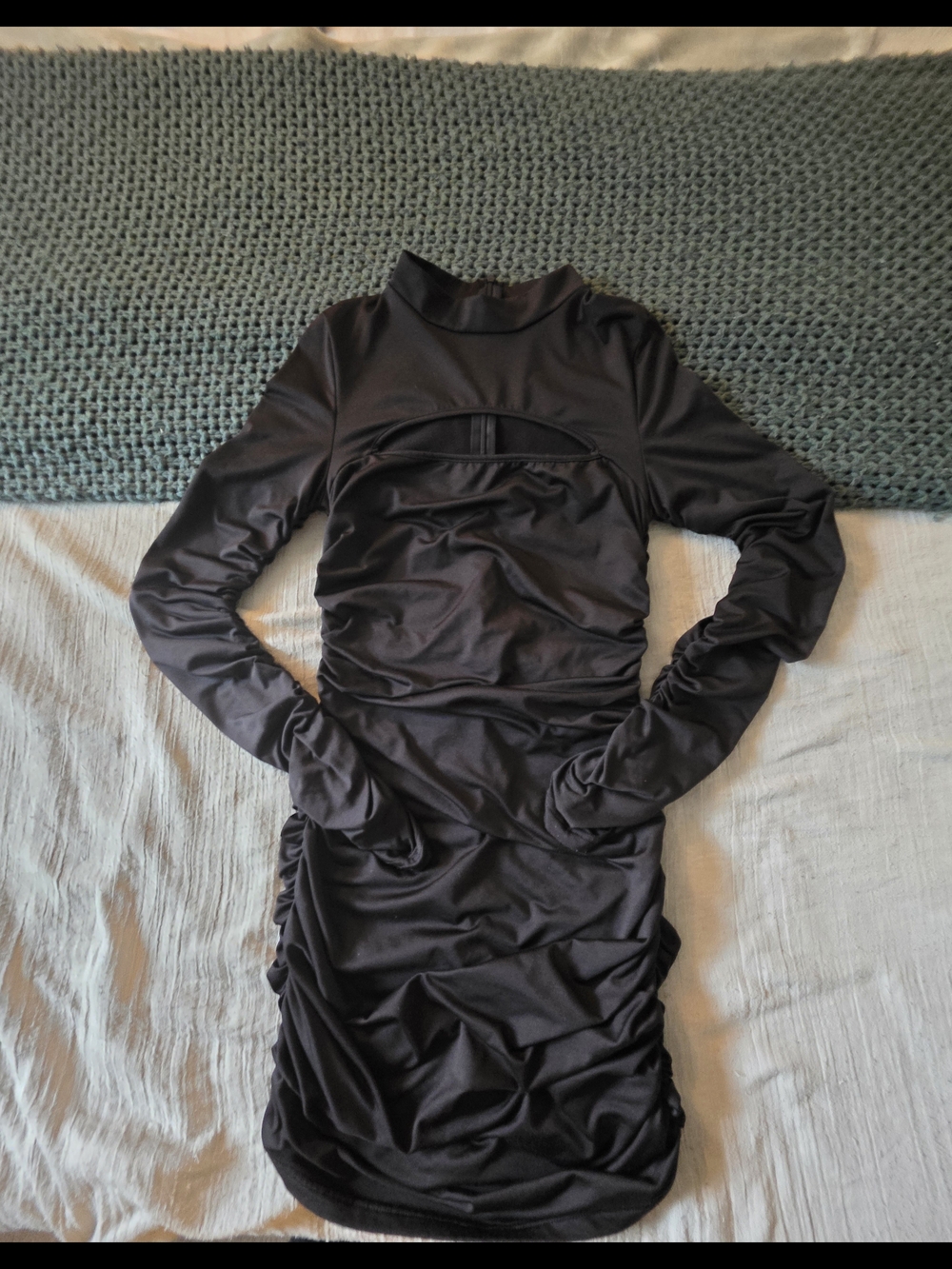 Black Long-Sleeve Ruched Cutout Midi Dress